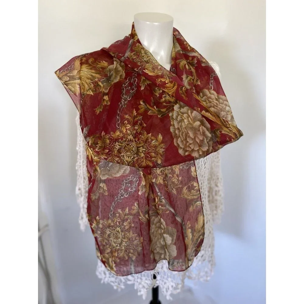 Ray Strauss Scarf Sheer Burgundy Beige‎ Yellow Flowers Rectangle 60